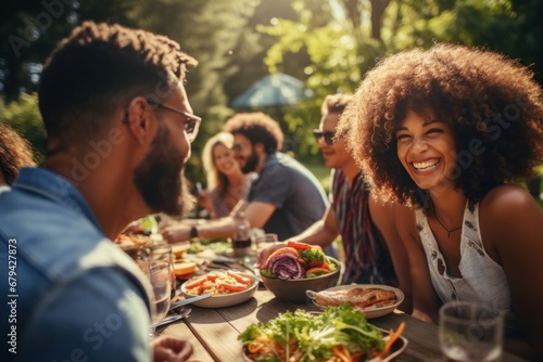 Diverse hip young adults enjoying outdoor meal gathering