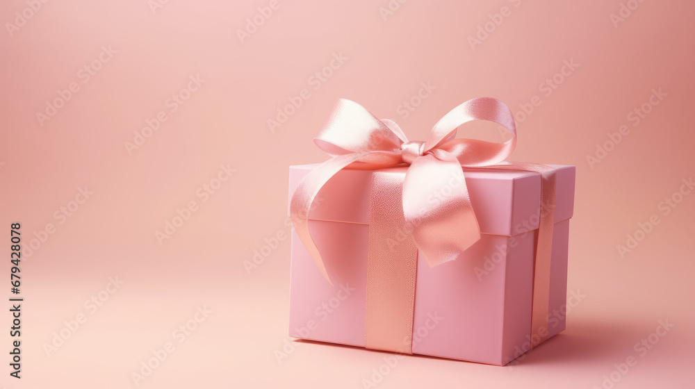 This charming image features a pink gift box with a ribbon on a soft pink background, offering copy space and ideal for romantic occasions.