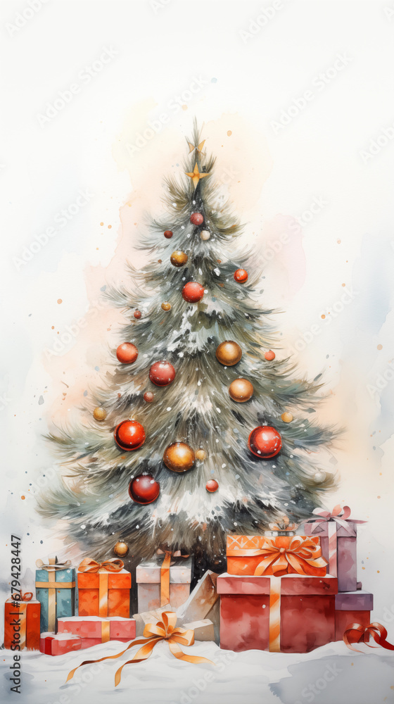 Boxes with Christmas gifts tied with ribbons. Trees in the background. Watercolor drawing. New Year card. White snow back. Boxes with Christmas gifts tied with ribbons. Trees in the background. Watercolor drawing. New Year card. White snow back.