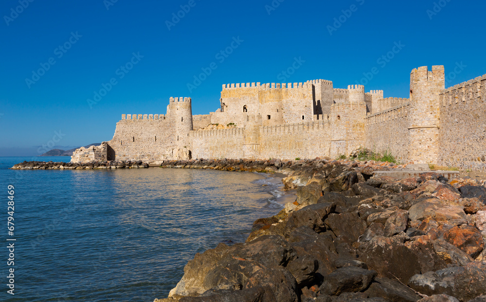 Stone walls of Mamure Castle on Mediterranean coast. Anamur, Mersin Province, Turkey.