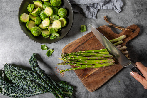 healthy cooking, asparagus, kale and Brussel sprouts 