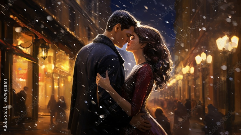 Generate a scene that represents the concept of a 'Midnight Kiss' on New Year's, featuring an enchanting blend of colors and lights, evoking feelings of joy and anticipation.