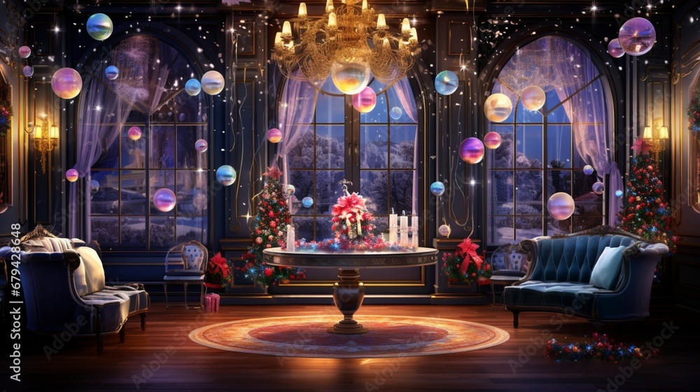 Glittering New Year's decorations and sparkling lights in a room filled with anticipation.
