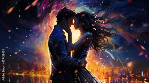 Generate a stunning image that encapsulates the notion of a 'Midnight Kiss' on New Year's, featuring a fusion of colors and lights that evoke a sense of wonder and celebration.