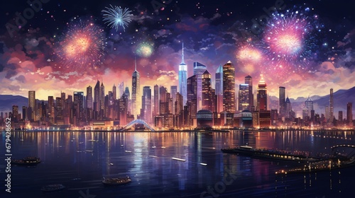 Illustrate the mesmerizing glow of a cityscape at midnight on New Year s with all the buildings lit up.