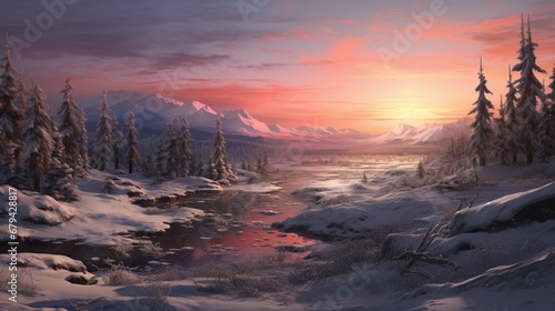 Render a picturesque scene of a snow-covered countryside at the first light of New Year's Day.