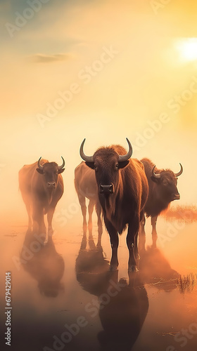 Serene Dawn: Cattle Herd in the Misty Sunrise
