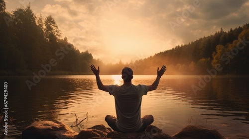 believer with hands raised in prayer by a serene lakeside, showcasing their spiritual connection generative ai