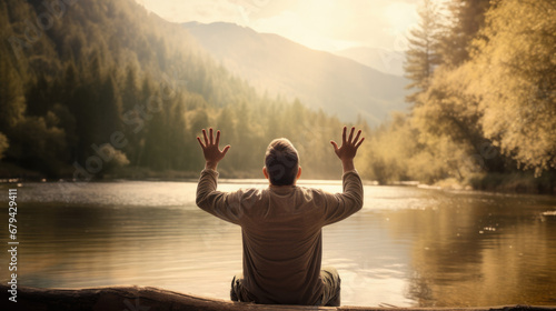 believer with hands raised in prayer by a serene lakeside, showcasing their spiritual connection generative ai