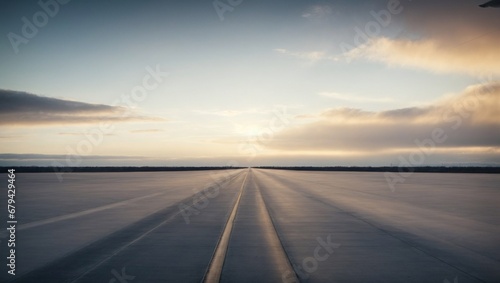 Panoramic view of an empty airplane runaway track or asphalt road. Travel and distance concept background. Copy space. © Milutinovic