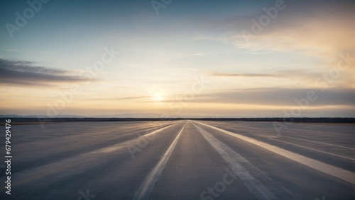 Panoramic view of an empty airplane runaway track or asphalt road. Travel and distance concept background. Copy space. © Milutinovic