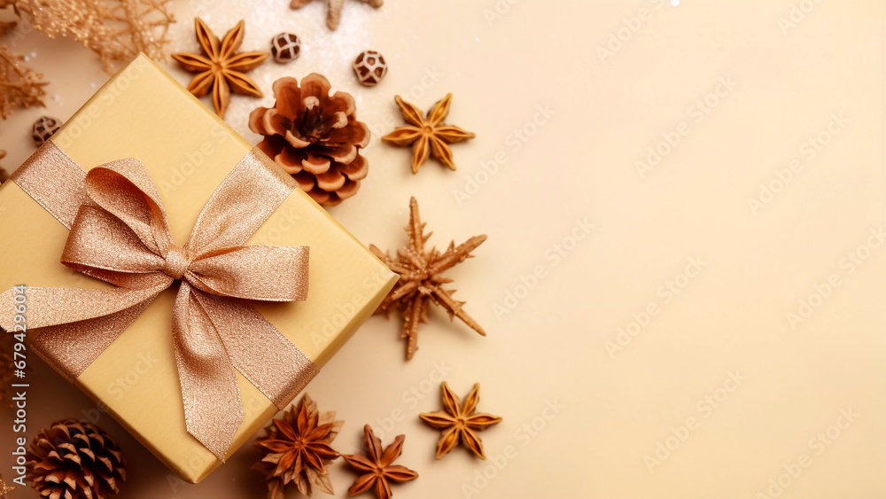 Beautiful golden festive gift box and pine cones on a cream background Christmas and new year celebration greeting card desktop wallpaper Beautiful golden festive gift box and pine cones on a cream background Christmas and new year celebration greeting card desktop wallpaper