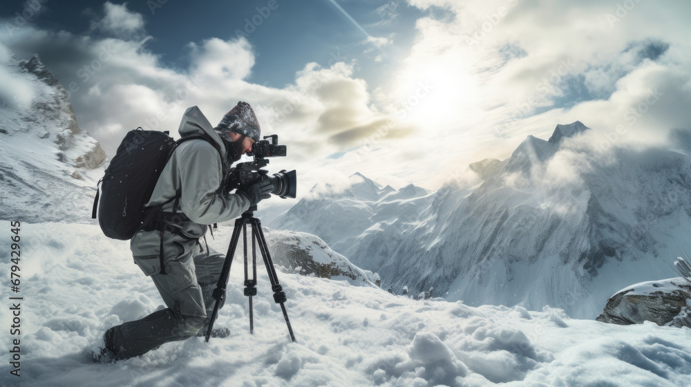 cinematographer setting up a camera for a mountain scene generative ai