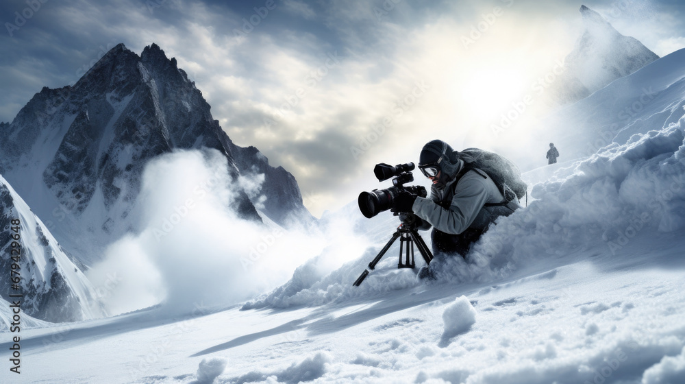 cinematographer setting up a camera for a mountain scene generative ai