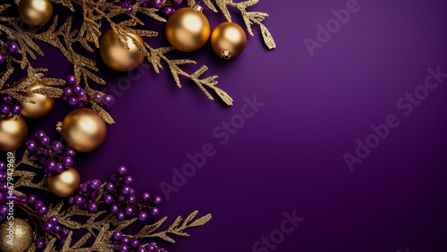 Festive golden baubles and berries on a purple background Christmas and new year celebration greeting card desktop wallpaper