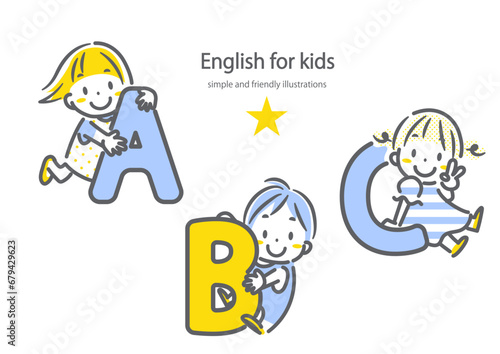 英語に親しむ子どもたち　シンプルでかわいい線画イラスト