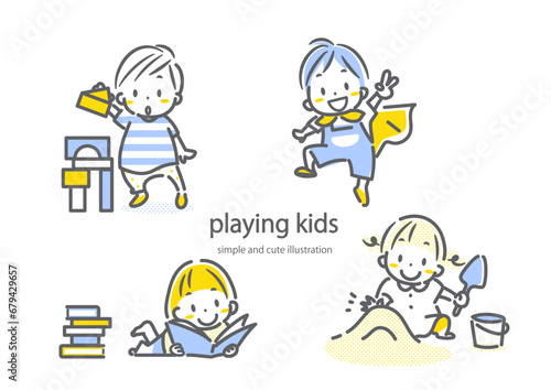 それぞれ楽しく遊ぶ子供たち　シンプルでかわいい線画イラスト