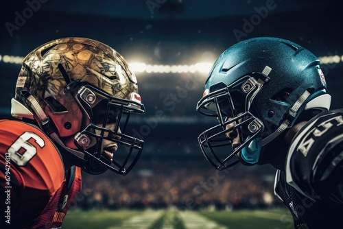 face to face. American Football Championship. Teams Ready: Professional Players, Aggressive Face-off, Ready for Pushing, Tackling photo