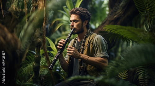 clarinetist playing a clarinet in a lush jungle generative ai photo