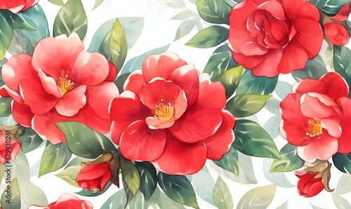 Watercolor red camellia pattern wallpaper, Generative AI