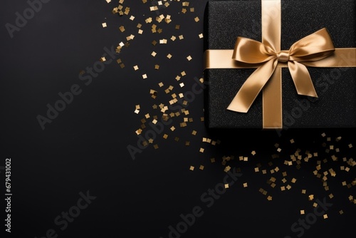 Black Friday gift with silk ribbon bow and golden glitter stars on black paper background, text space, top view template.