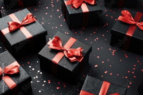Black Friday: Overhead shot of black gift boxes with red ribbon on black and white paper, offering room for text.