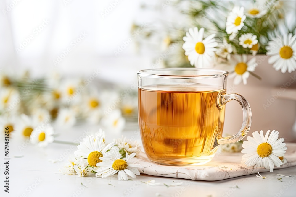 Close-up view of chamomile tea on a white table. A delicious and soothing herbal tonic with chamomile flowers, honey, and lemon, known for its immunity-boosting properties. Ample room for text. Close-up view of chamomile tea on a white table. A delicious and soothing herbal tonic with chamomile flowers, honey, and lemon, known for its immunity-boosting properties. Ample room for text.