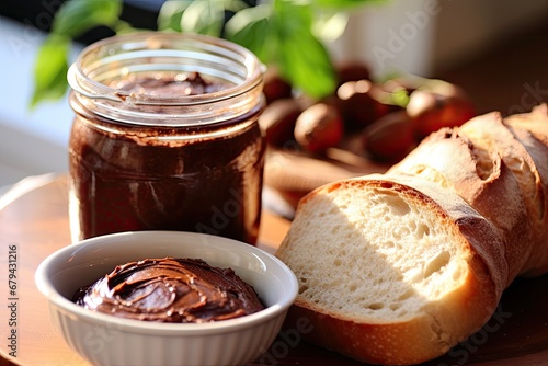 Breakfast with bread rolls includes nutella, a chocolate nut spread.