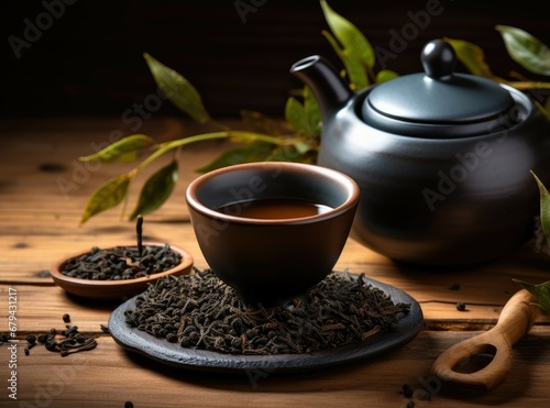 Chinese tea ritual with a ceramic teapot, scoop, and cup containing famous Chinese oolong tea Da Hong Pao, surrounded by steam on a wooden backdrop, seen from above.