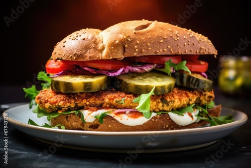 Chicken schnitzel sandwich with tomato sauce, fried eggplant, lettuce, and onion pickles. photo