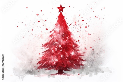 Red star adorned brush-drawn Christmas tree on white backdrop.