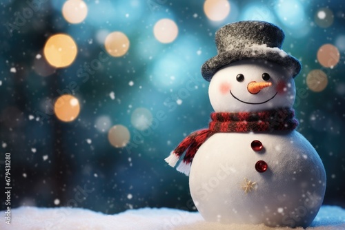 Fat snowman with blurry background.