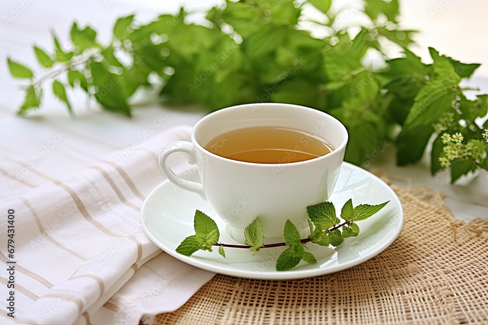 Peppermint tea on lacy napkin, white wooden table. Peppermint tea on lacy napkin, white wooden table.