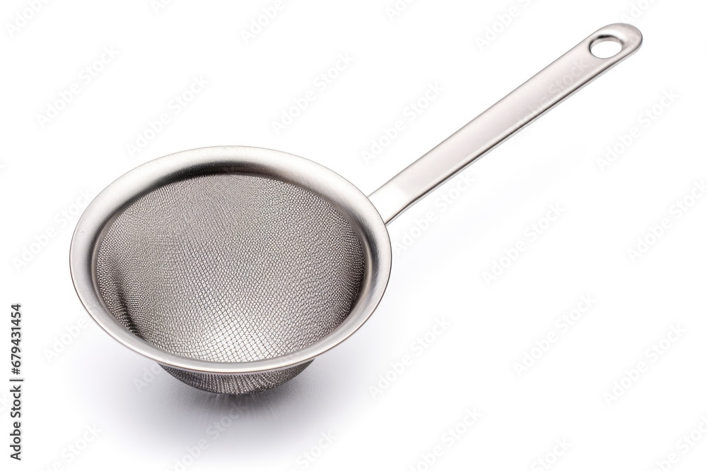 Dirty tea strainer made of stainless steel, shown on a white background. Dirty tea strainer made of stainless steel, shown on a white background.