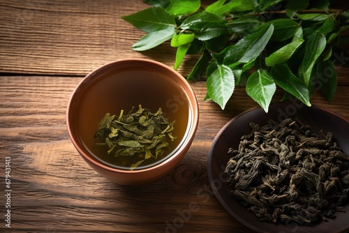 Top view of wooden table with oolong tea and leaves