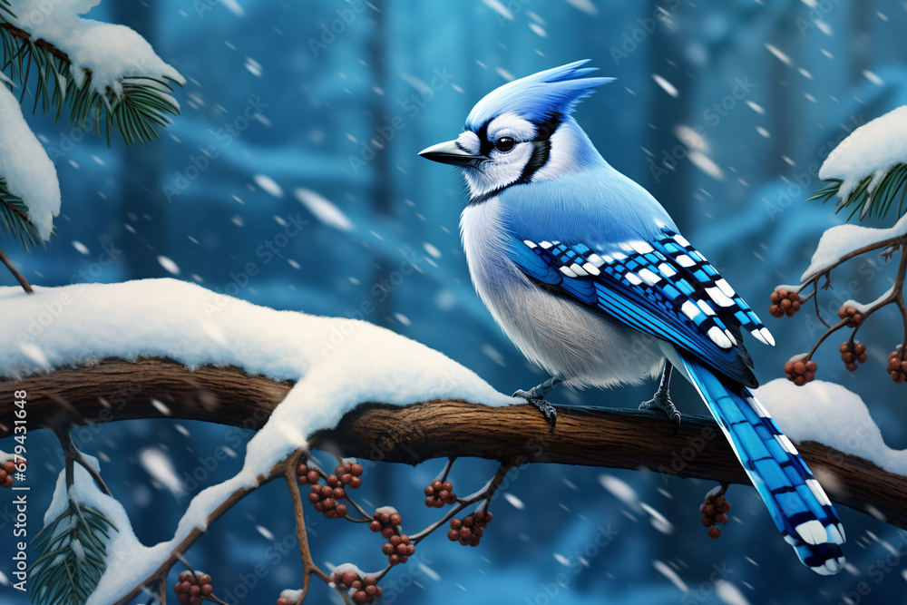 blue jay sitting on a snowy branch, AI Generative. - obrazy, fototapety, plakaty 