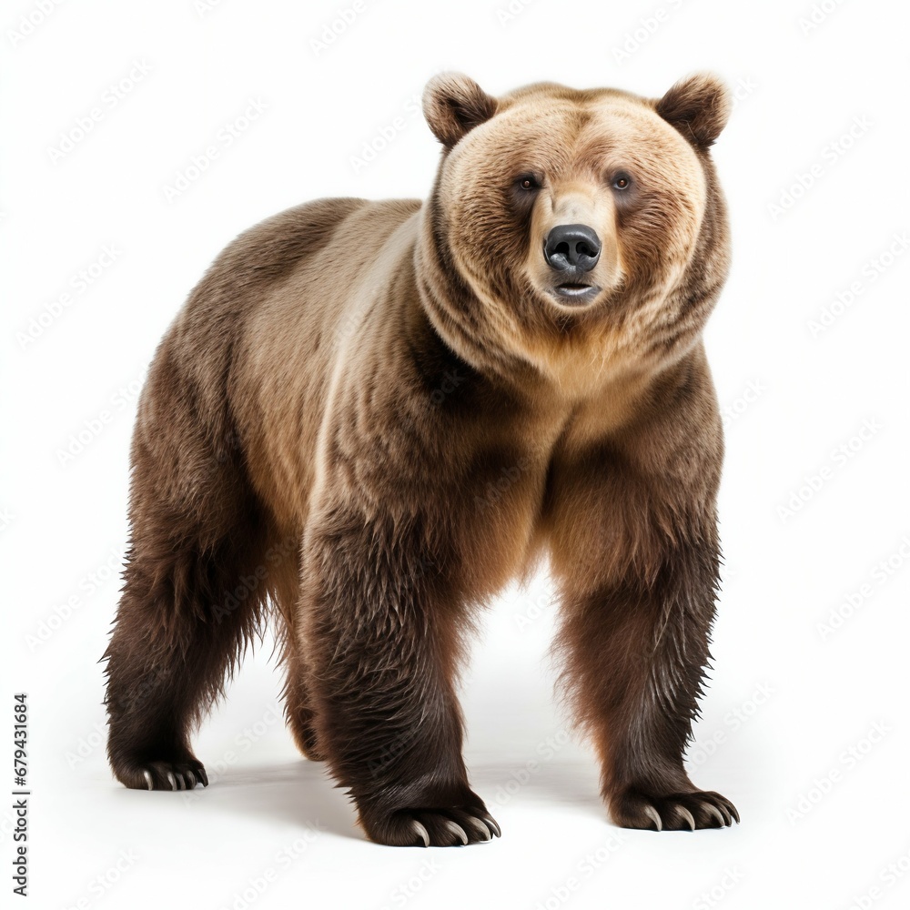 Fototapeta premium Majestic Wilderness: Brown Grizzly Bear Isolated on White Background. Generative ai