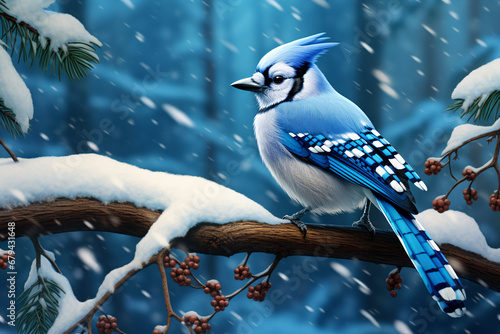 Canvas-taulu blue jay sitting on a snowy branch, AI Generative.