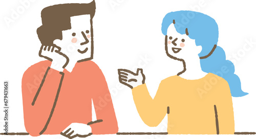 笑顔で話し合う若い夫婦_色