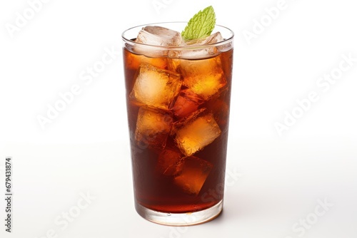Iced tea glass on white surface.