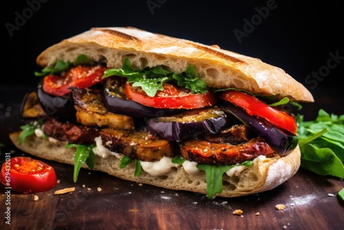 Grilled pepper  fried eggplant  and tahini on a Kebab Challah Sandwich.