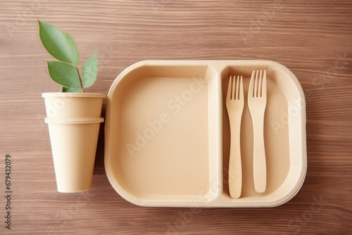 Eco-friendly utensils made of bagasse and bamboo on wooden table, save the earth. photo