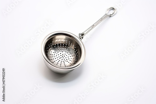 Stainless steel strainers for tea and oil on a white background. photo