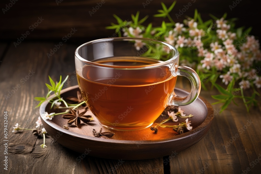 Valerian sprigs with tea on bamboo backdrop. Valerian sprigs with tea on bamboo backdrop.