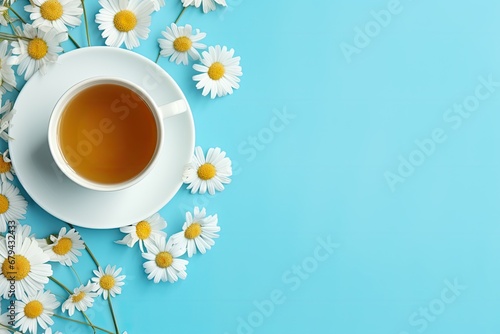 Steaming chamomile tea in a white cup on a blue background, resembling a flat lay.