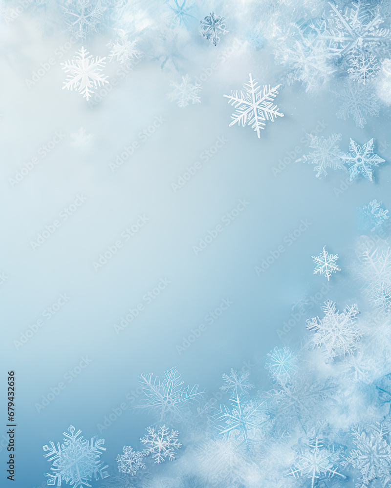 Soft blue winter background, delicate snowflakes.
