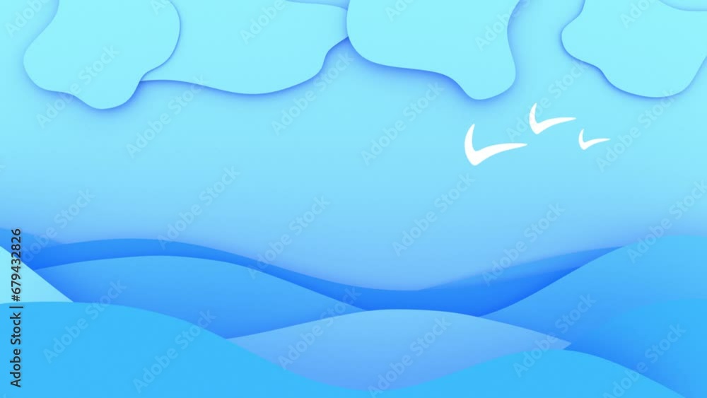 sea waves with clouds, birds, cartoon style, 3d render sea waves with clouds, birds, cartoon style, 3d render