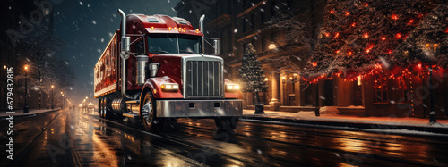 Festive Christmas truck in city