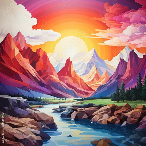 Colorful mountain peak background vivid color painting illustration wall art with generative ai