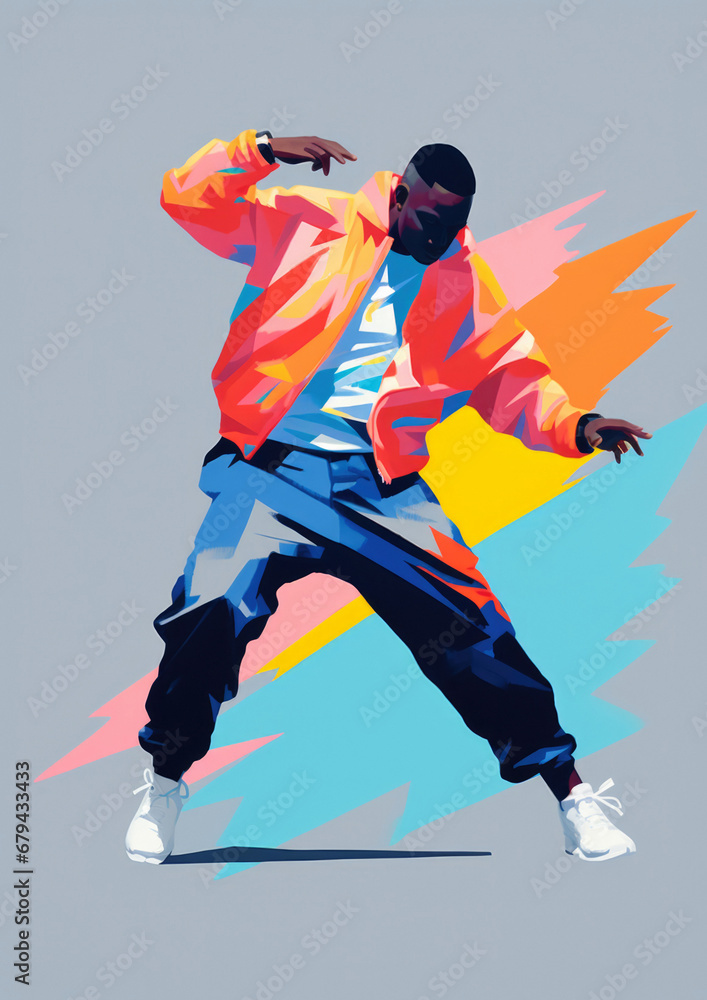 Black dude dancing hiphop style - in a vector style illustration, isolated n a grey background, with vibrant pastel colours and natural looking brush strokes